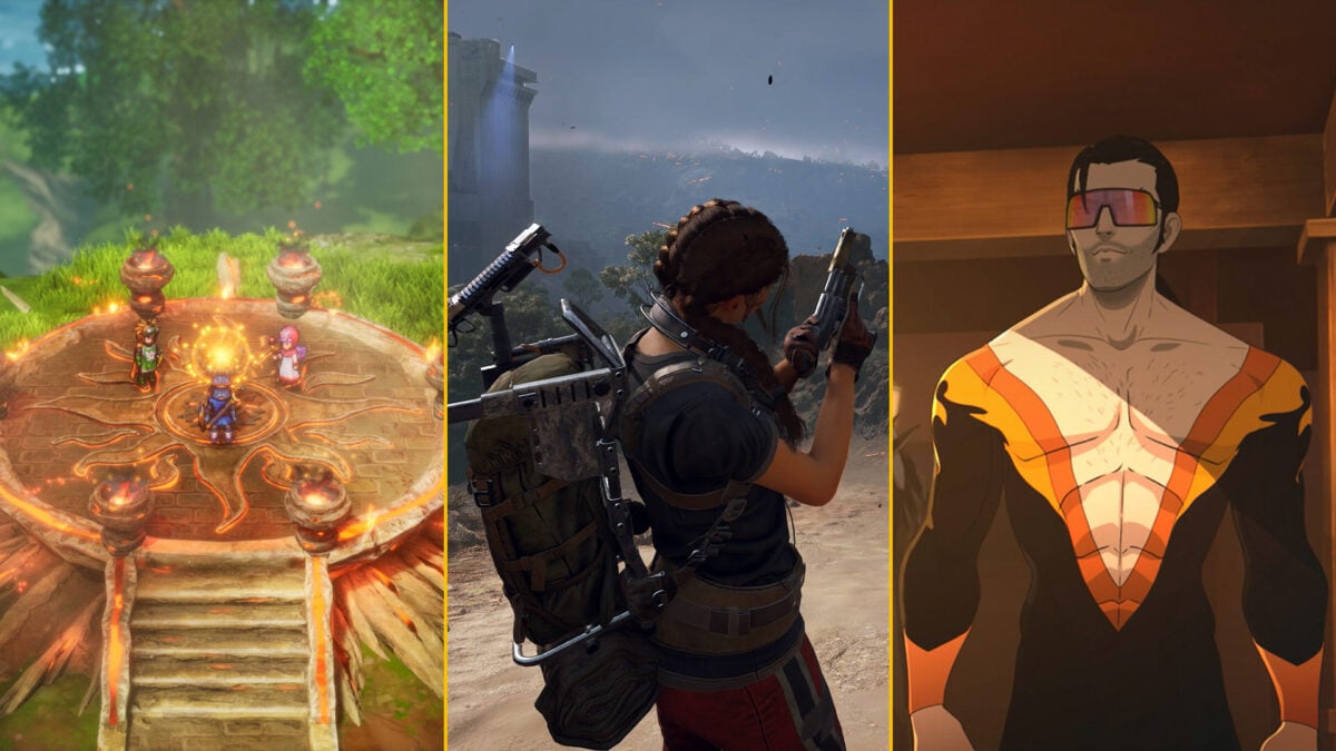 A compilation image shows characters from Dragon Quest, a player character from Arc Raiders, and a superhero from Dispatch.