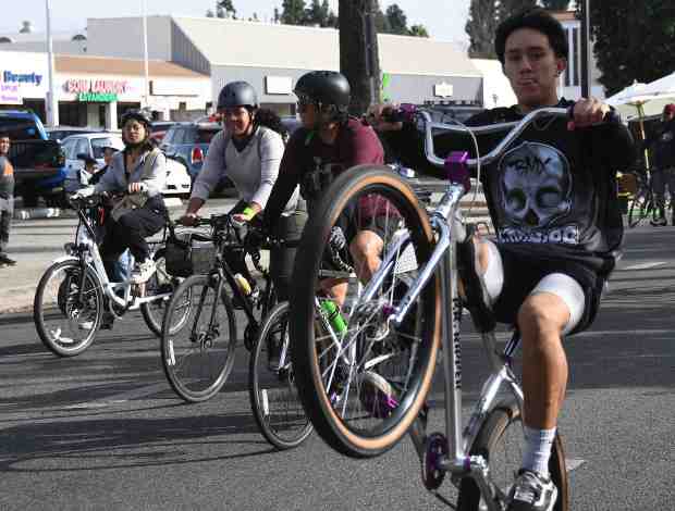 Hundreds of bike riders attend the eighth and final CicLAvia Sunday of 2024. Reseda CA. Dec 8, 2024. The 15-mile route ran along Sherman Way from Lindley in Reseda to Shoup Ave in Woodland Hills. (Photo by Gene Blevins, Contributing Photographer)