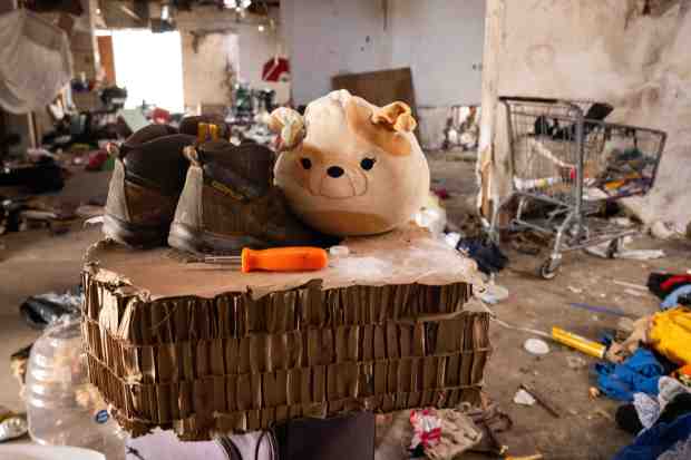 Items are seen left behind by homeless people in the...