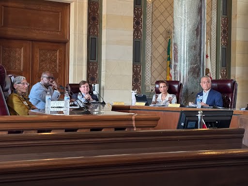 Members of Los Angeles' new Budget and Finance Advisory Committee meet for the first time at City Hall on Monday, Nov. 24, 2025. From left: Gilda Haas, Derric Johnson, Ron Galperin, Jessica Lall and Joseph Lumarda. (Courtesy of Councilmember Katy Yaroslavsky's office)