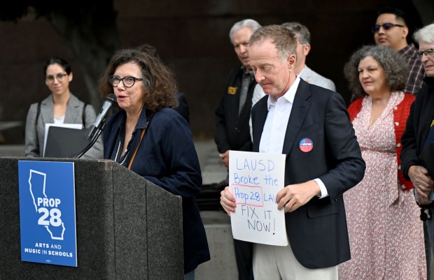Tracy Abbott Cook, Parents Supporting Teachers, speaks as former LAUSD...