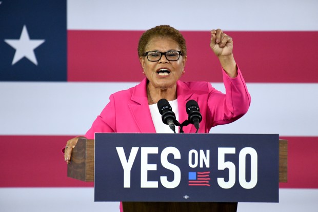 Mayor Karen Bass speaks at a Get Out The Vote...