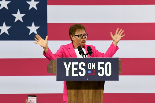 Mayor Karen Bass speaks at a Get Out The Vote...