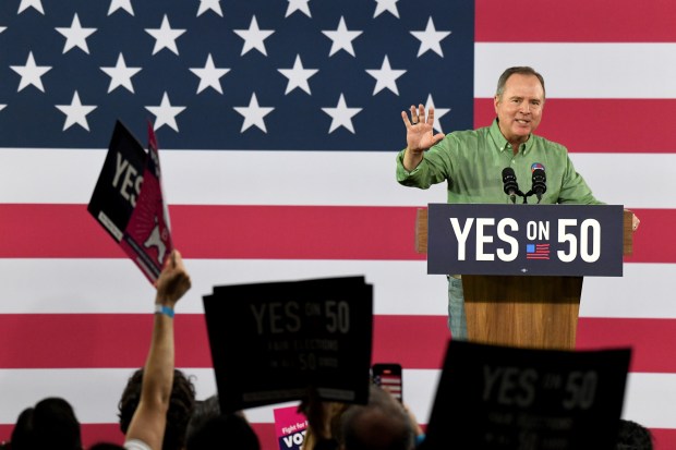Senator Adam Schiff speaks at a Get Out The Vote...