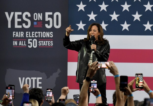 Vice President Kamala Harris speaks at a Get Out The...