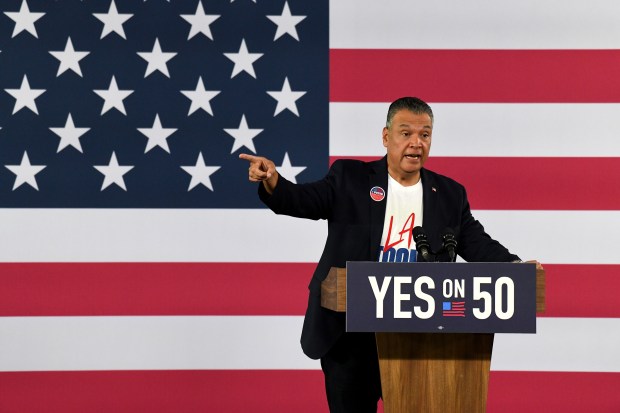 Senator Alex Padilla speaks at a Get Out The Vote...