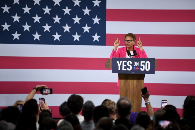 Mayor Karen Bass speaks at a Get Out The Vote...