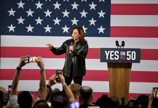 Vice President Kamala Harris speaks at a Get Out The...