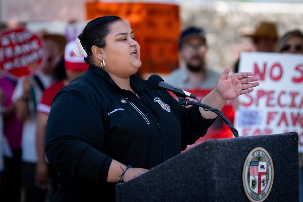 Los Angeles City Councilmember Eunisses Hernandez speaks Aug. 18, 2025, at Los Angeles State Historic park during a protest aimed at stopping the Dodger Stadium gondola project. (Photo by David Crane, Los Angeles Daily News/SCNG)