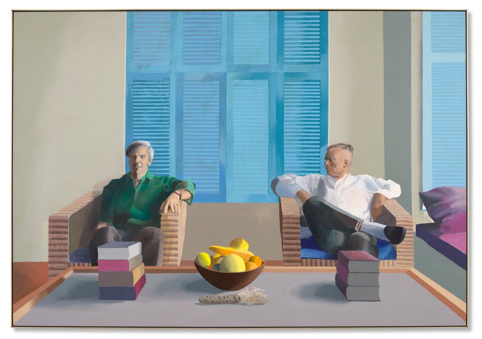 David Hockney’s 1968 double portrait Christopher Isherwood and Don Bachardy shows the two men seated in wicker chairs against a wall of blue shutters, with books and a bowl of fruit arranged on a table in the foreground.