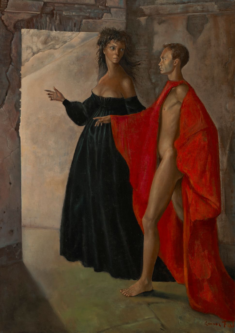 Leonor Fini’s painting Dans la tour (Autoportrait avec Constantin Jeleński) depicts a woman in a dark gown and a nude man draped in a red cloak standing before a textured architectural backdrop.
