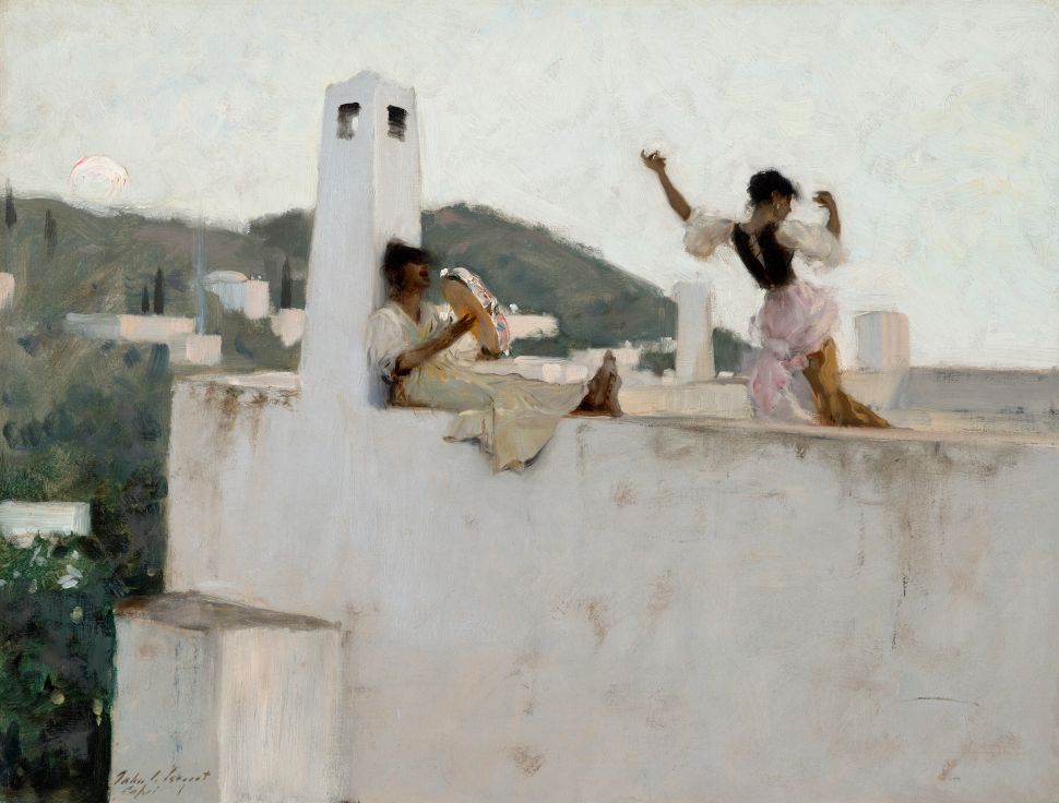 John Singer Sargent’s Capri shows two figures on a sunlit rooftop, one seated with a tambourine and the other mid-dance, with soft hills and scattered buildings in the background.