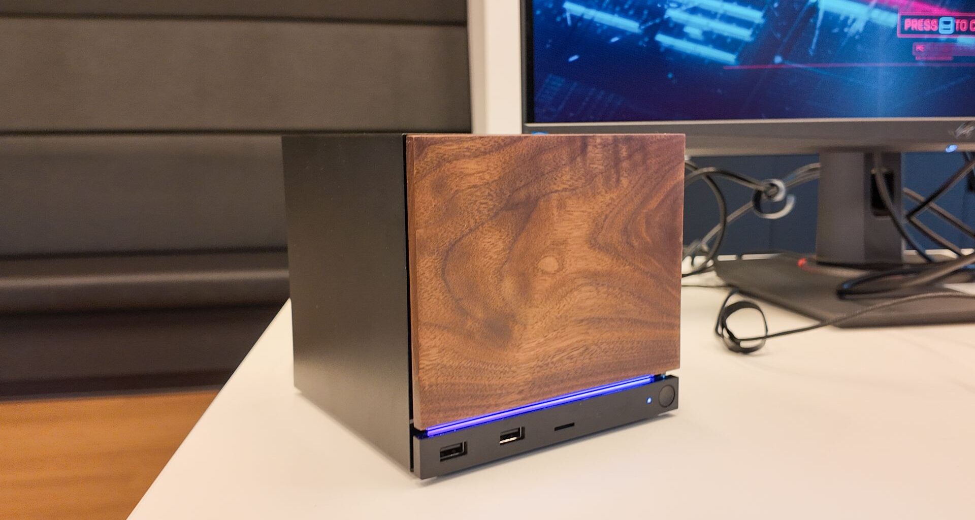 Valve's new Steam Machine during a visit to Valve HQ in Bellevue, Washington. The Steam Machine is a compact living room gaming PC.