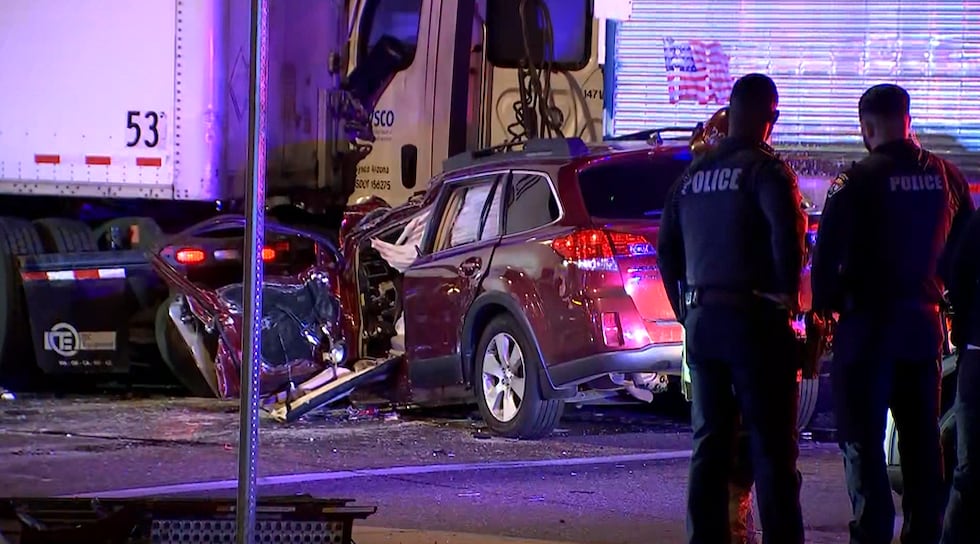 An SUV is involved in a crash with two semi trucks at 75th Avenue and Van Buren in Phoenix.