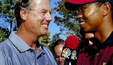Mark Rolfing interviewed Tiger Woods at the 2000 Presidents Cup at Robert Trent Jones Golf Club in Gainesville, Va. Courtesy photo
