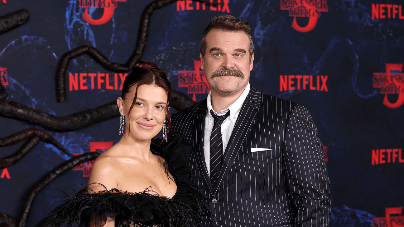 Millie Bobby Brown and David Harbour at the 'Stranger Things' season five premiere on Nov. 6, 2025, in Hollywood, California.