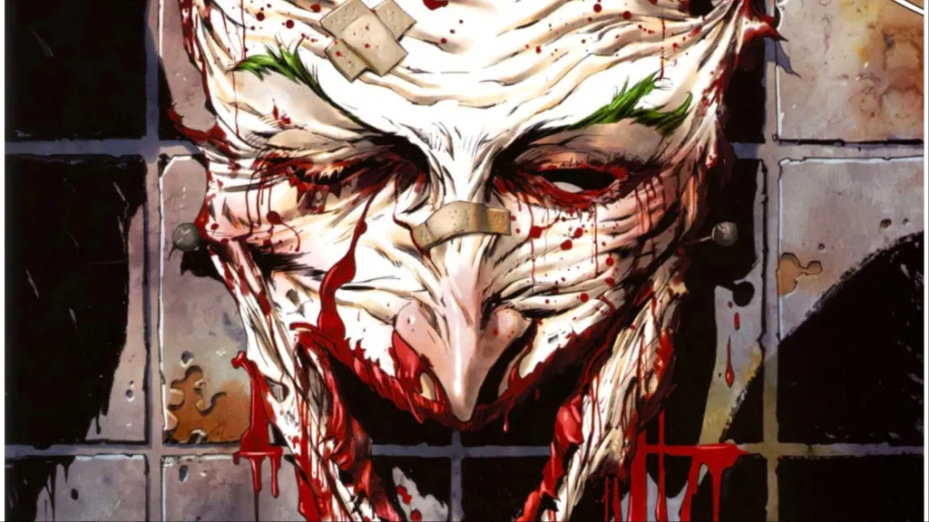 The Joker's face hanging on the wall.