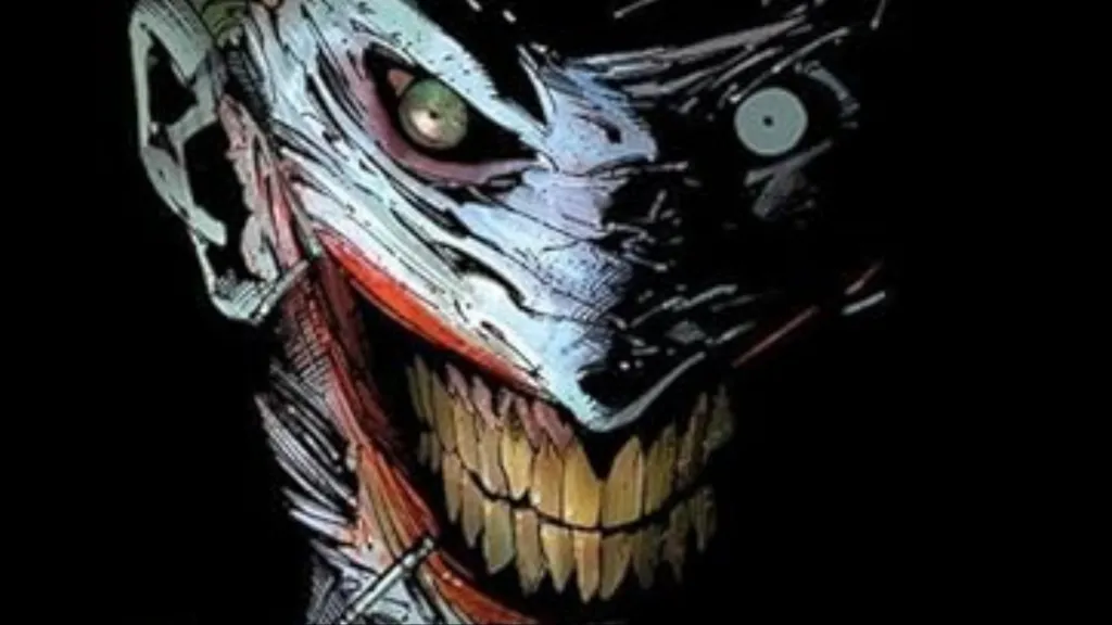 The Joker wearing the shorn skin of his face, looking extremely insane