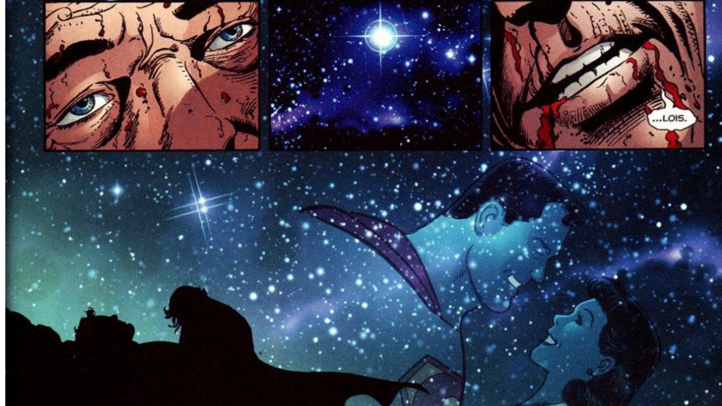 Earth-Two Superman dying in the arms of Power Girl, while him and Lois reunite in the stars