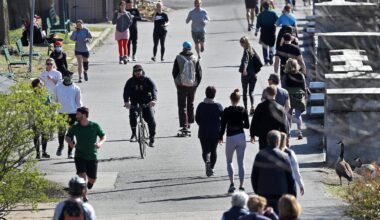 Runners, walkers, and cyclists on the Esplanade along the Charles River on April 6, 2020.