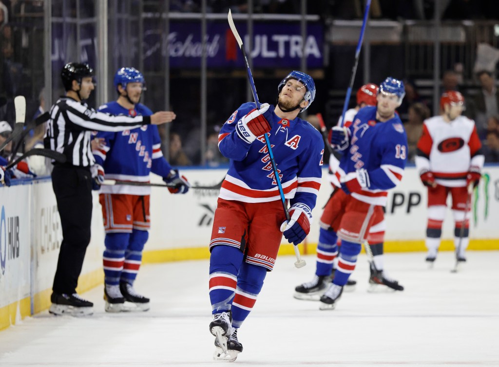 New York Rangers defenseman Adam Fox reacts while on the ice in the second period at Madison Square Garden in New York, November 04, 2025.