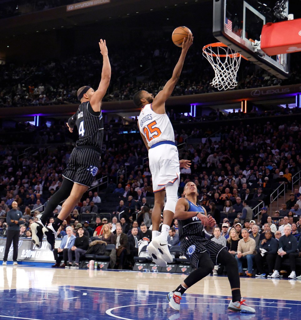 New York Knicks guard Mikal Bridges goes up for a shot in the second half at Madison Square Garden in New York, New York, November 12, 2025