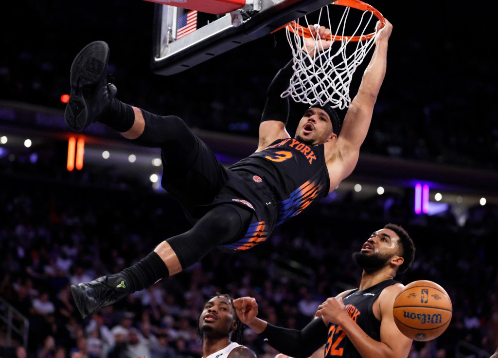 New York Knicks guard Josh Hart dunks the ball against the against the Miami Heat in the second half at Madison Square Garden in New York, New York, November 14, 2025.