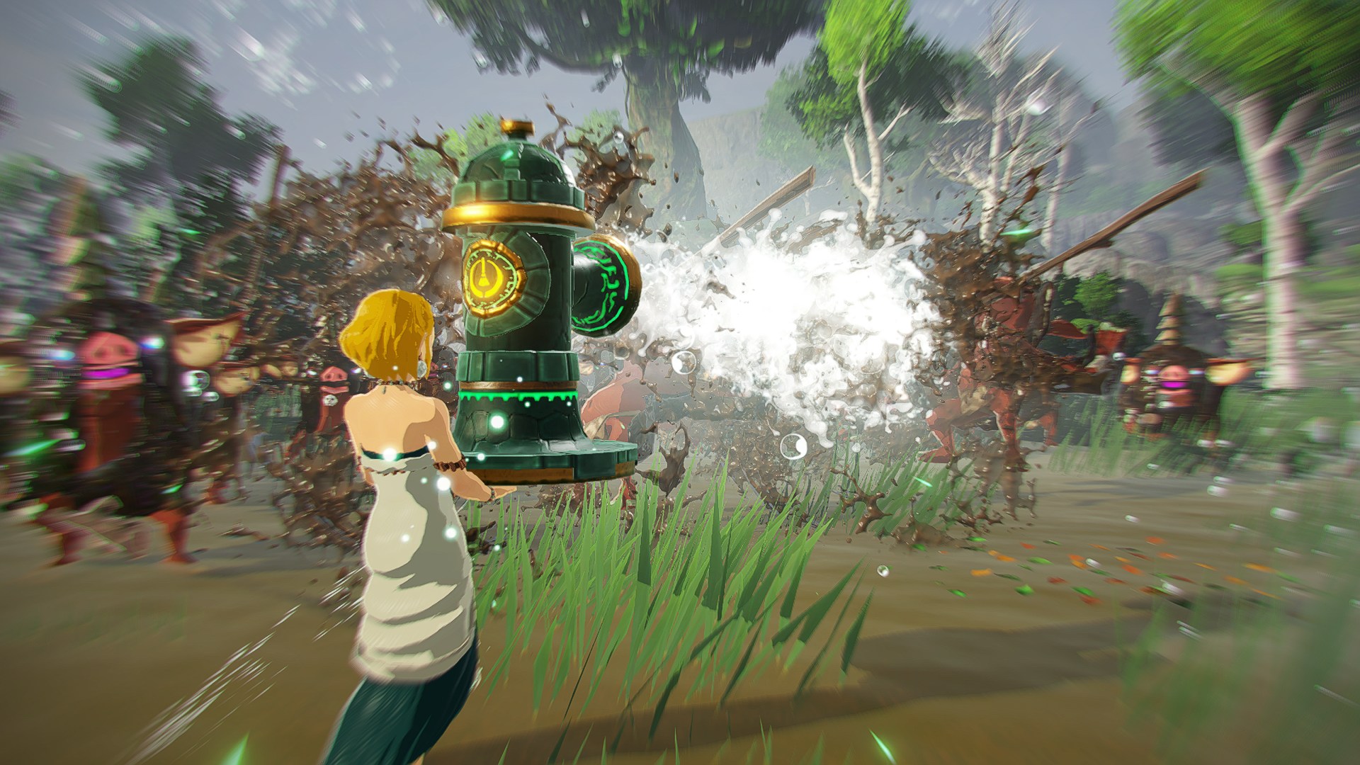 Screenshot from Hyrule Warriors: Age of Imprisonment featuring Princess Zelda using a fire hydrant to blast enemies with jets of water.