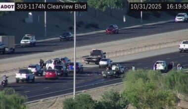 Northbound Loop 303 near Clearview Blvd: A crash and debris are blocking the center and right lanes...