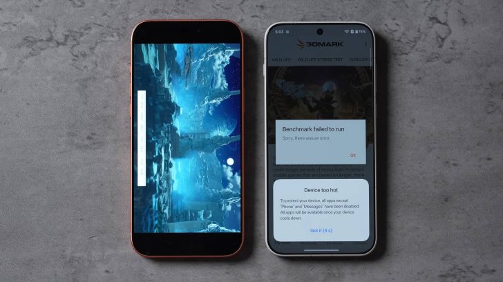 Two smartphones are shown side by side, one displaying a game scene and the other showing a '3DMark' app with a message reading 'Benchmark failed to run' and a warning about 'Device too hot'.