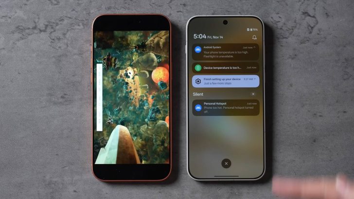 Two smartphones are side by side; the left shows a space-themed game, while the right displays notifications including 'Your phone temperature is too high' at 5:04, Fri, Nov 14.