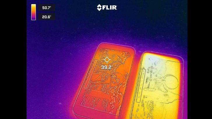 A thermal image from a FLIR camera shows two smartphones, with the left phone displaying a temperature of '39.2°'.