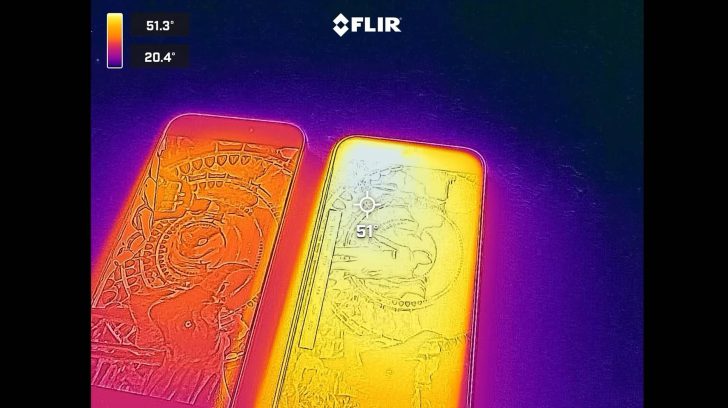 A thermal image from FLIR shows two smartphones with distinct temperature readings, one reaching '51°'.