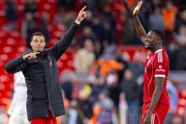 LIVERPOOL, ENGLAND - Saturday, November 1, 2025: Liverpool's Hugo Ekitike celebrates with team-mate Ibrahima Konaté (R) after the FA Premier League match between Liverpool FC and Aston Villa FC at Anfield. (Photo by David Rawcliffe/Propaganda)