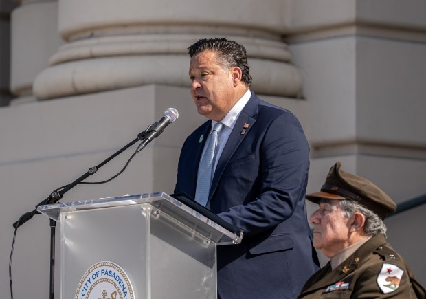 Mayor of Pasadena Victor Gordo speaks during the Veterans Day...