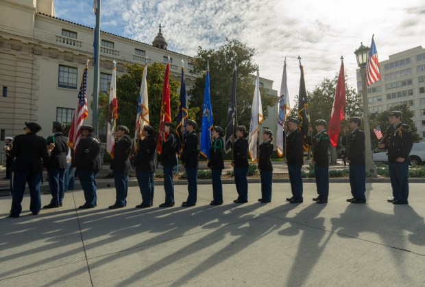 Members of the Blair High School Color Guard during a...