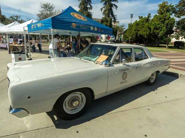 A 1968 Dodge Coronet police car on display during a...