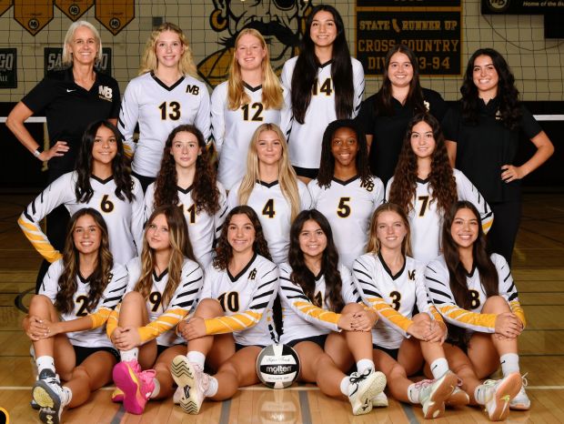 Mission Bay High's 2025 varsity women's volleyball team. Seated senior Gia Harder, sophomore Ema Redzepagic, juniors Annabella Capalbo and Nala Flores, and seniors Fiona O' Neill and Kalea Anderson. Middle row - junior Ayanna Poole, seniors Brynn Sloan, Ava Mirabelli senior Hunter Hobson French and junior Aubrey Albarian. Back row - Coach Barbara Birnbaum, juniors Kaylee Dowell, Clare Steinemann and Audie Caban and assistant coaches Mina Orlic and Alee Pestana. (Yary Photography)