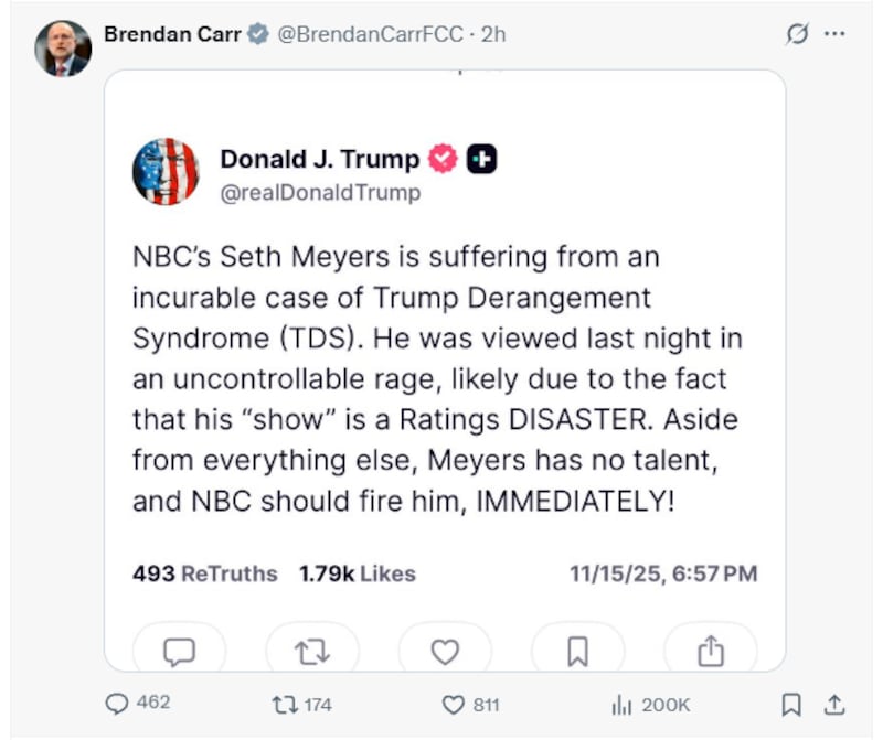 FCC Chairman Brendan Carr reshares President Donald Trump's Truth Social post attacking Seth Meyers.