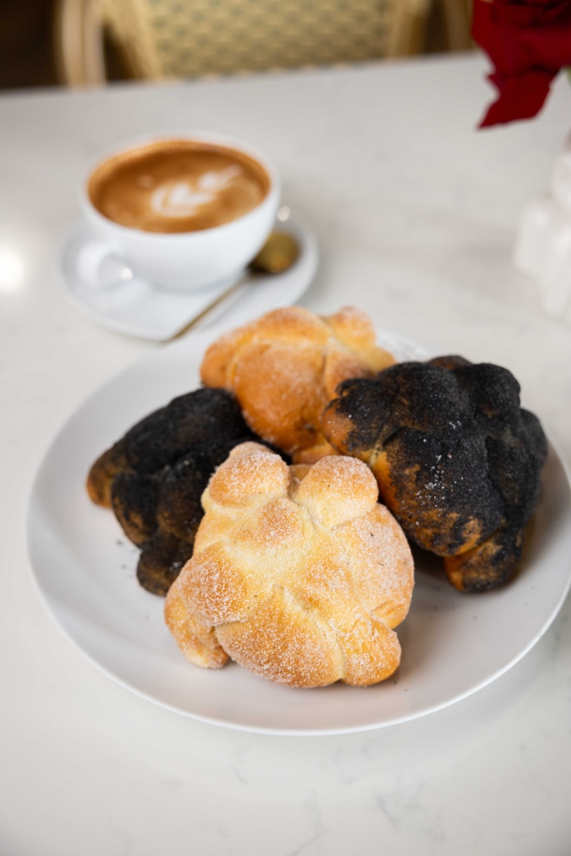 Pan de muerto, the staple bread for Dia de Muertos, and cafe de olla at Lubellas Patisserie...
