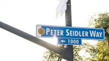 SAN DIEGO, CALIFORNIA - NOVEMBER 4: Photo of the Peter Seidler Way street sign after the Peter Seidler Way dedication outside of the ballpark at Petco Park on Novemeber 4, 2025 in San Diego, California. (Photo by Matt Thomas/San Diego Padres)