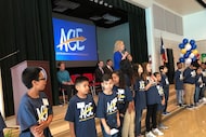 Richardson superintendent Jeannie Stone, with a group of students from Carolyn Bukhair...