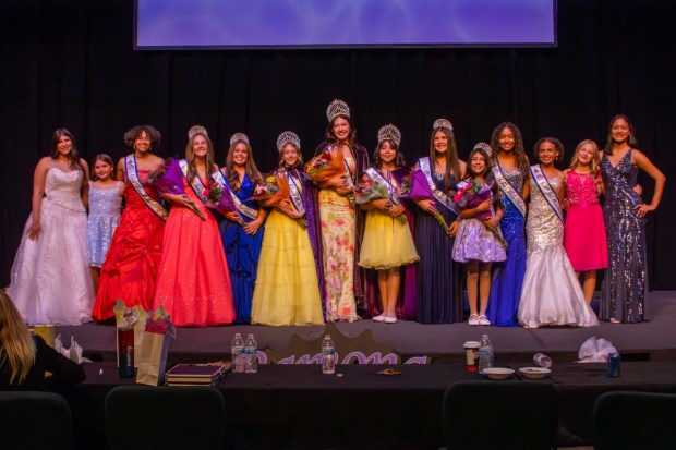 Contestants and past queens from the Miss Ramona 2026 Scholarship Pageant include, from left, Natalie Browning, Hazel Becker, Miss Ramona 2025 Mariah Morris, Teen Second Princess Emma Peasley, Teen First Princess Maile Hunt, Teen Miss Ramona Tarin Kilcoyne, Miss Ramona Joanna Abarca, Pre-teen Jr. Miss Alexa Echevarria, Miss Ramona First Princess Clarissa Valenzuela, Pre-teen Jr. Princess Charlotte Echevarria, 2025 Teen Miss Ramona Alannah Bowman, 2025 Pre-Teen Jr. Miss RamonaEllë McNett, Maddison Hamilton and Samantha Scott. (Sandi Molitor)
