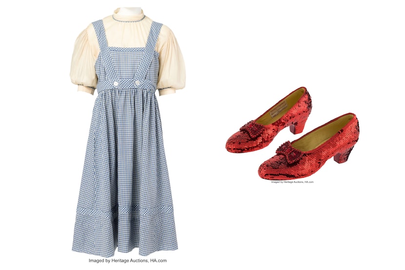 This combination of images shows the dress and ruby slippers, the costume for the character...
