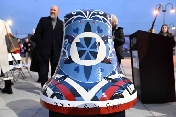 The Berks County America 250PA Bells Across PA bell created by artist Benjamin E. Hoffman was unveiled at FirstEnergy Stadium on Thursday, Nov. 20, 2025. (BILL UHRICH/READING EAGLE)