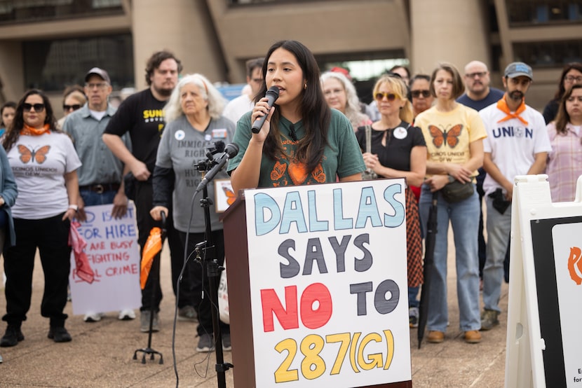 Jennifer Sanchez, a legislative coordinator with the Texas Civil Rights Project, speaks as...