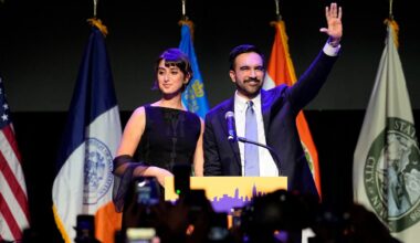 Mayor-elect Zohran Mamdani, right, and his wife Rama Duwaji react to supporters during an election night watch party, Tuesday, Nov. 4, 2025, in New York. (AP Photo/Yuki Iwamura)