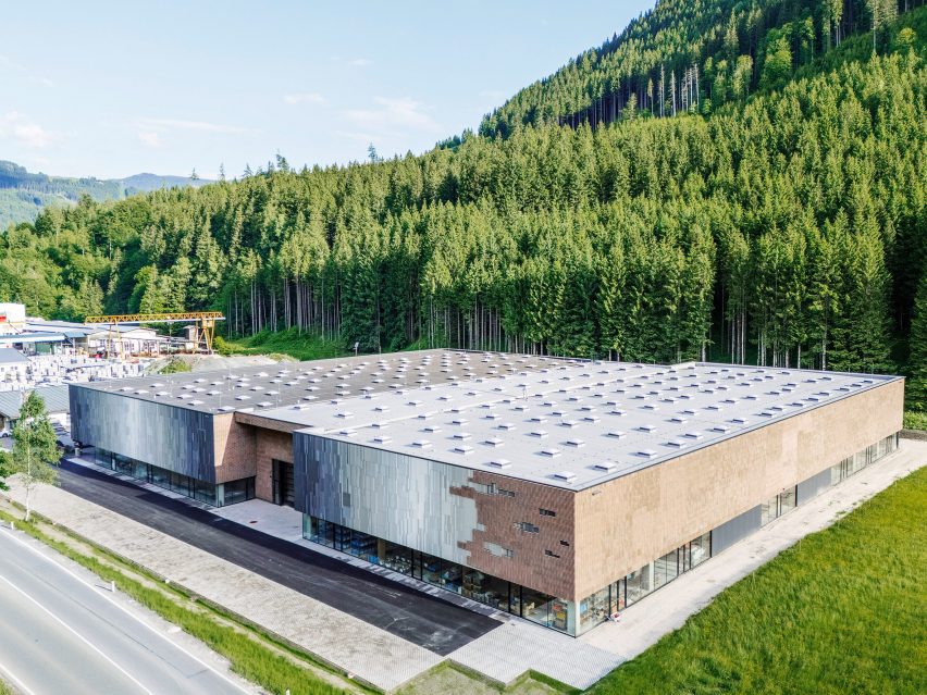 Close up of the facade at Rieder's headquarters in Maishofen, Austria