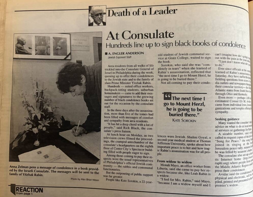 Remember When: Philadelphia Community Mourns Assassination of Yitzhak Rabin