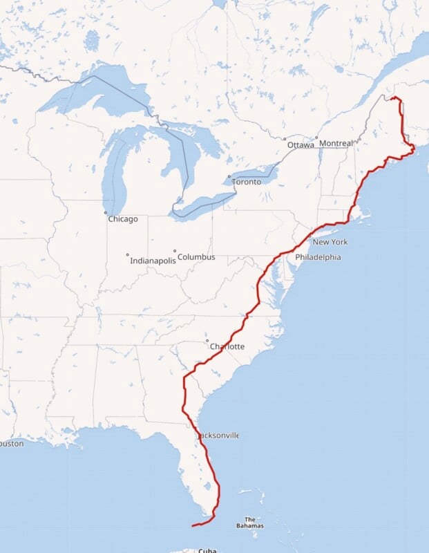 A map of eastern North America showing a red line route starting in southern Florida, passing through cities like Jacksonville, Charlotte, Washington, New York, and ending in Montreal, Canada.